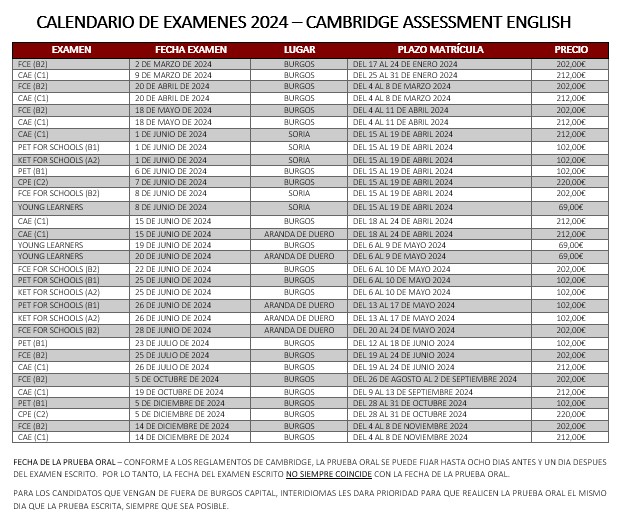 Calendario Cambridge 2024