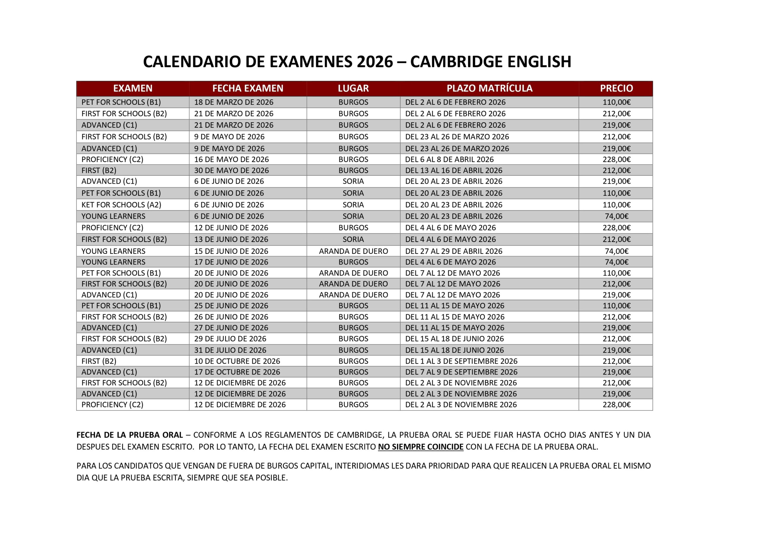 Calendario Cambridge 2026